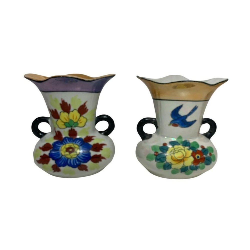 2 Vintage Vase With Handles Made in Japan Floral Blue Bird Lusterware Seiei Comp